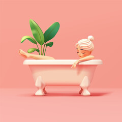 Young woman in bathroom taking a bath, 3D. Pink banner for body care, beauty, and relaxation concepts. Body care products. Vector illustration.