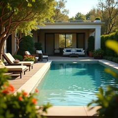 A garden with cushioned chairs and a comfortable sitting area