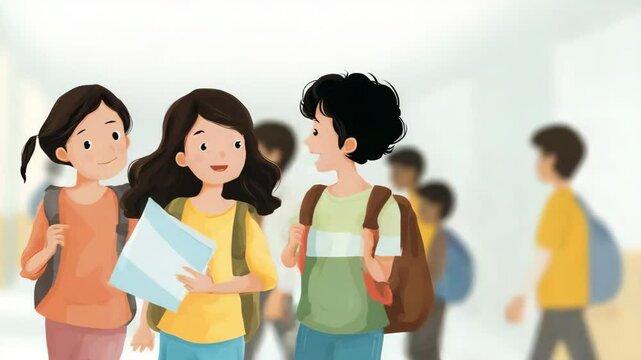 Three cartoon preteen friends walk down a bright school corridor discussing homework. Concept of academic teamwork and growing friendship.