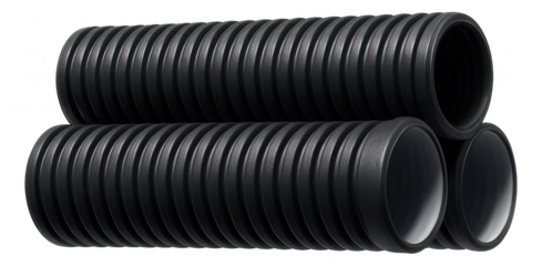 Corrugated polyethylene drainage pipes used in a garden setting to manage excess rainwater and prevent soil erosion.