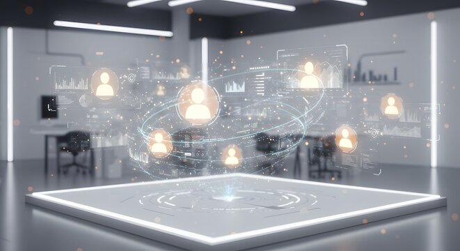 Futuristic Digital Network Interface: Data Visualization in Modern Office - Powered by Adobe