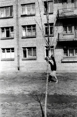 A man joyfully does a handstand in the courtyard of a house. Retro photo from 1964