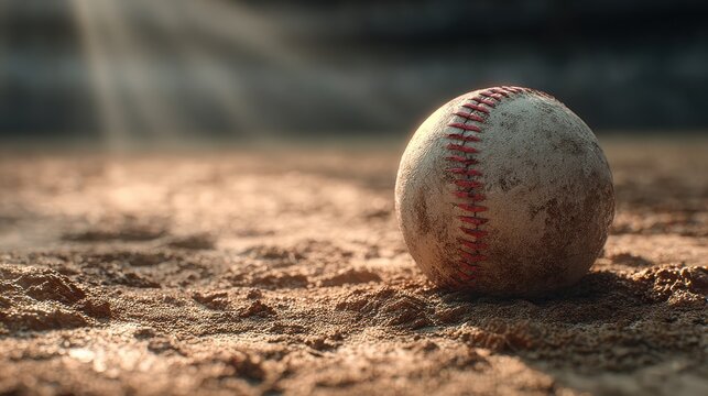 A baseball nestled in the batter's box dirt, with rays of sunlight creating a dramatic contrast between the red stitching and the field's textures