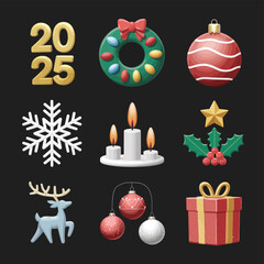 vector Happy New Year Celebrating 2025 in Latin letters , Christmas Decoration Items Santa Claus

