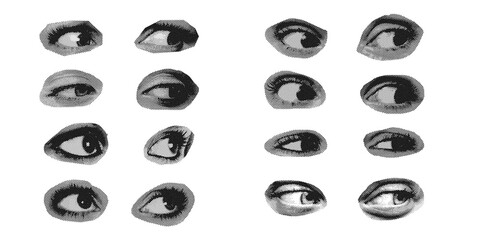 Black and white side eyes halftone dotted art style, perfect for bold, expressive, and surreal designs focused on vision and emotion.