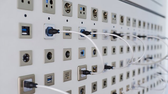 White Panel with Variety of Plugs and Cables electrical outlets