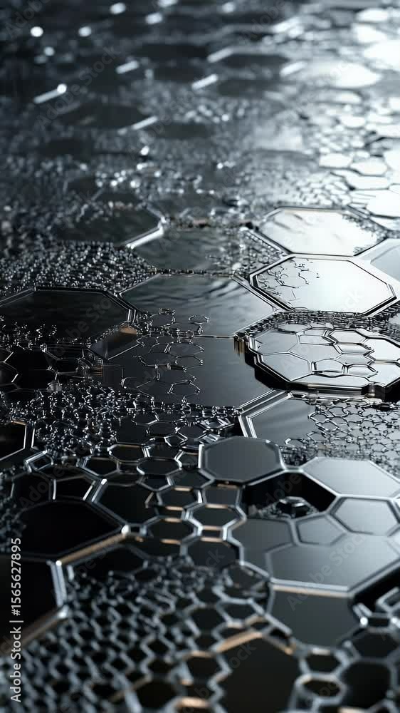 Poster abstract hexagonal surface with reflective metallic texture with pouring liquid. geometric pattern w
