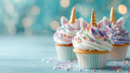Unicorn cupcakes with bright pastel background, bokeh. Cute whimsical desserts on blue wooden table. Magical unicorn horn, ears, colorful sprinkles for celebration.