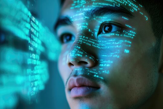 A man's face is projected with lines of code, symbolizing the fusion of human intellect and technology.