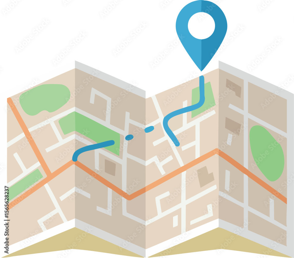 Poster folded city map with location pin and route navigation vector illustration