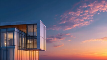 Fototapeta premium Modern building exterior with large glass windows at sunset