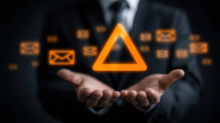 A man in a suit presents an orange triangle warning sign surrounded by email icons on a black background