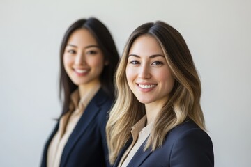 Two smiling businesswomen in suits, showcasing confidence and success in their careers.
