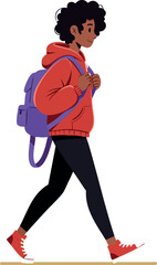 Young woman walking with purple backpack and red hoodie casual streetwear vector illustration 