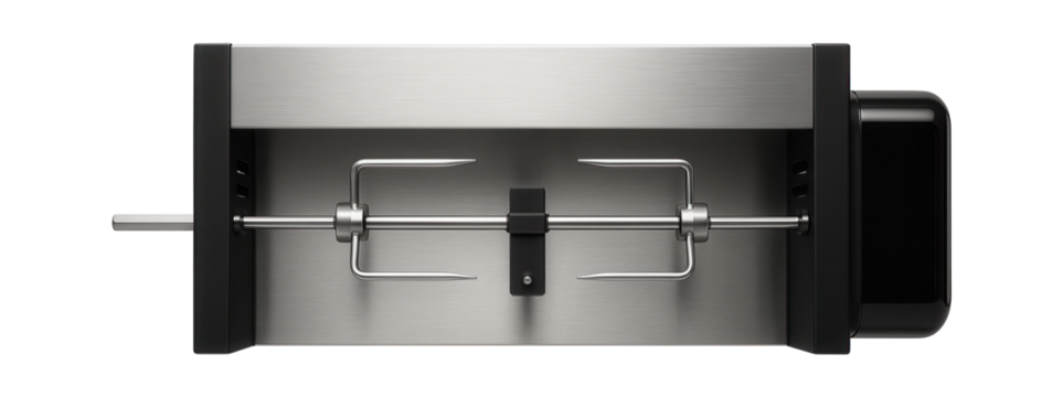 A rotisserie duck roaster attachment for a home barbecue, designed to fit standard grills and provide even roasting outdoors.