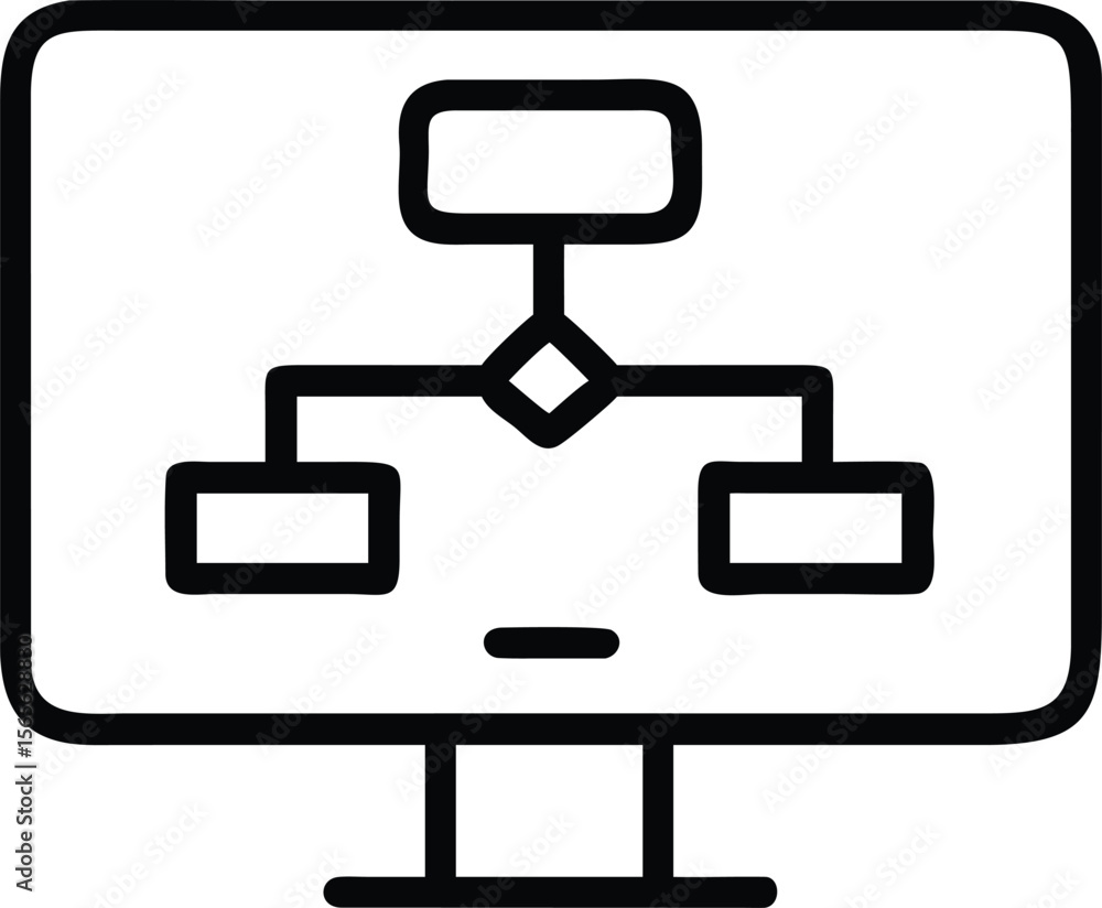 Poster doodle style computer monitor showing hierarchical flow chart illustration in black