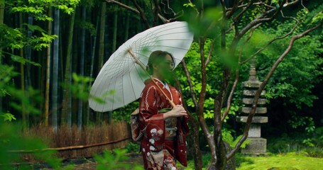 A Japanese woman in a national costume walks through a bamboo forest on a rainy summer day