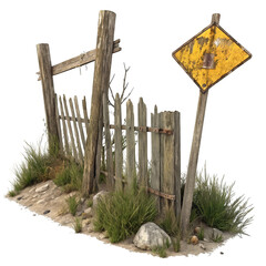 Dilapidated wooden fence with weathered signpost overgrown with grass and weeds