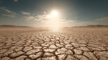 Barren land under scorching sunlight, cracked and parched, depicting extreme heat