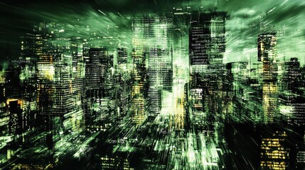 A cityscape at night, digitally enhanced with a dynamic effect.
