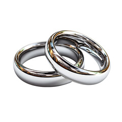 Two silver wedding rings interlocked symbolize marriage and commitment, transparent background