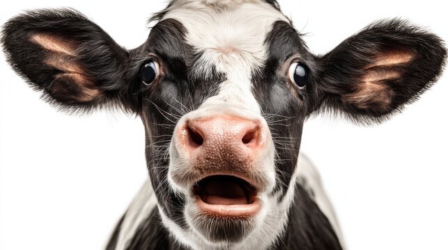 Surprised cow with goofy face mooing and looking at camera, isolated on white background. Close up portrait of funny animal.