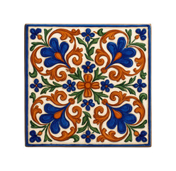 A hand-painted ceramic tile placemat, offering a unique and artistic touch to an eclectic dining room in a bohemian home.