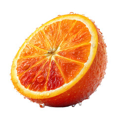 Fresh blood orange cut with droplets shines against a transparent background.