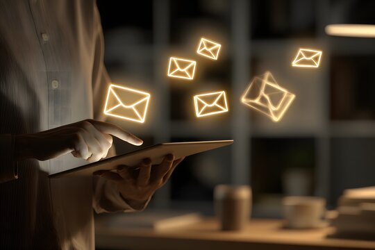 Illuminated Envelopes Surrounding Person Using a Tablet in a Dark Room with Cups on a Table - Powered by Adobe