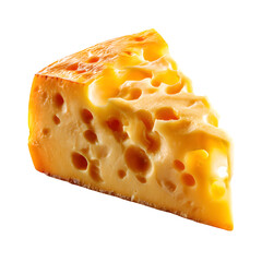 A delicious swiss cheese wedge with holes showcased on a black backdrop, transparent background