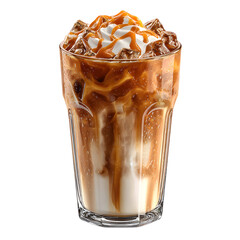 Delicious iced coffee with caramel swirl and whipped cream on black, transparent background