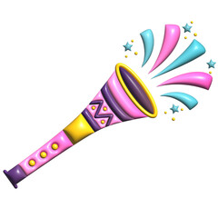 Colorful Carnival Horn with Confetti and Stars on White Background 
