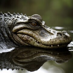 Fototapeta premium A crocodile partially submerged in still water, eyes locked on the viewer. A close-up of stealth, tension, and primal focus in the wild, captured in haunting photo-realistic detail.