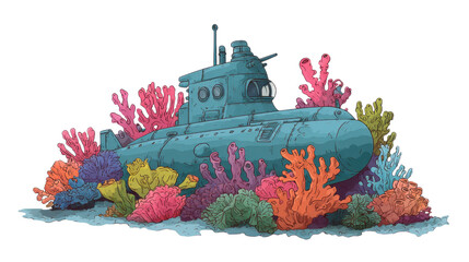 Cartoon submarine resting on coral reef