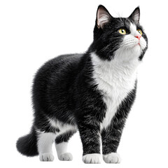 Elegant tuxedo cat stands alert with a transparent background, gazing upwards.
