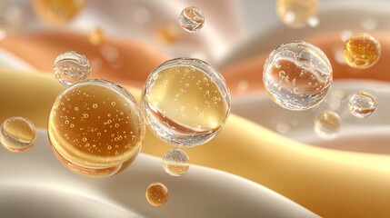 Golden Serum Bubbles on Creamy Fluid Waves – 3D Abstract Beauty Background

