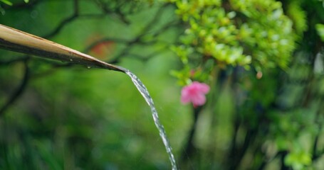 Water flows from the reed of a howling stick. Close-up of a font in a Japanese garden