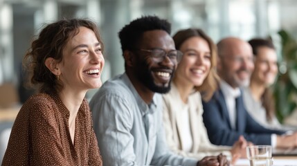 Diverse group of young businesspeople laughing while sitting together in a row at an office desk during a meeting, no logos, no brands