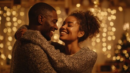 Romantic couple in sweaters dancing before new year eve at home. Young lovely man and african woman hugging over christmas bokeh lights. Multiethnic couple dancing in love with golden lights bokeh.,