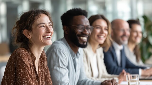 Diverse group of young businesspeople laughing while sitting together in a row at an office desk during a meeting, no logos, no brands