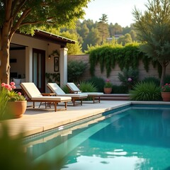 A garden with cushioned chairs and a comfortable sitting area