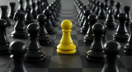 A yellow pawn stands out symbolizing leadership strategy success in business competition on the chessboard