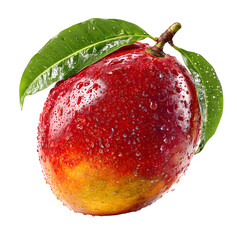 Fresh ripe mango with vibrant colors and water droplets against black, transparent background