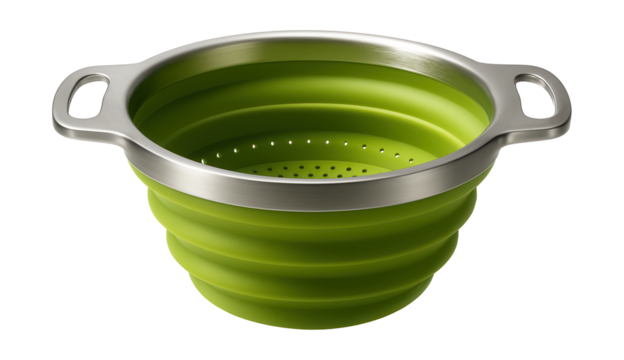 A collapsible silicone strainer, easy to store and great for straining cooked rice or quinoa in an apartment kitchen.
