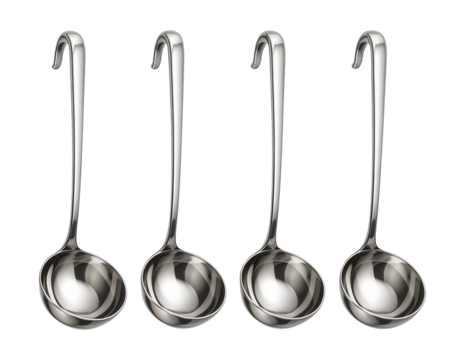 Stainless steel ladles with integrated hooks, convenient for hanging on kitchen racks in small residential spaces.