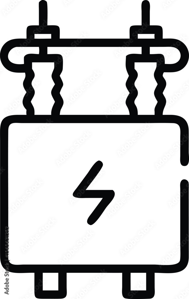 Poster electrical transformer icon in outline style with lightning symbol for industrial applications