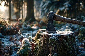 Axe with a wooden handle and metal blade rests on a snow dusted tree stump in a serene winter forest, bathed in the warm glow of the setting sun