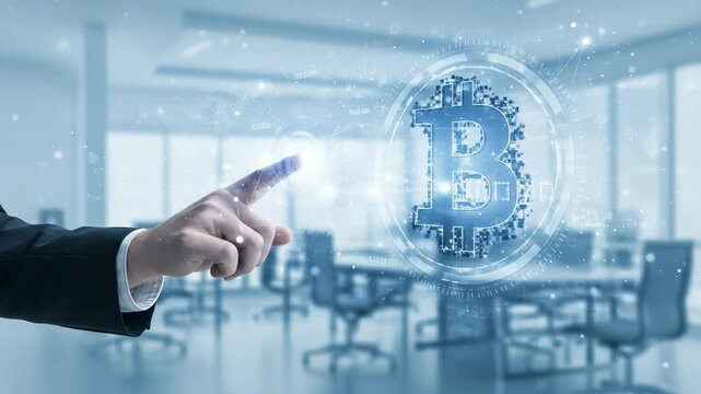 Bitcoin Blockchain Integration: Businessman in a Suit Touches a Digital Bitcoin Hologram within a Bright Modern Office Environment