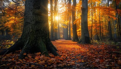 Beech forest with bright yellow leaves on a fairytale autumn day