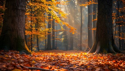 Beech forest with bright yellow leaves on a fairytale autumn day